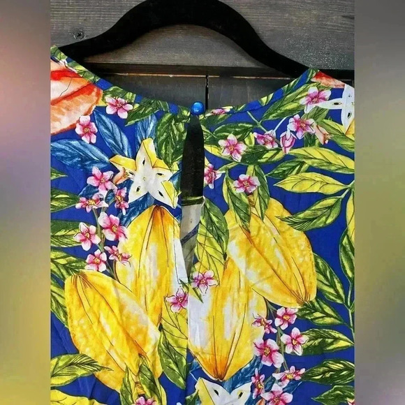 Rachel Roy Tropical Floral Print Cap Sleeve Blouse Summer Top Navy Yellow XS D17 - Picture 6 of 6